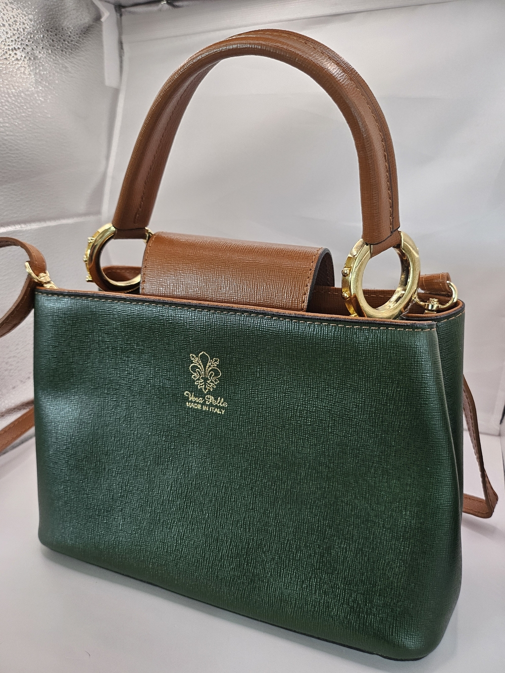 Vera Pelle Green and Brown Leather Top-Handle Bag